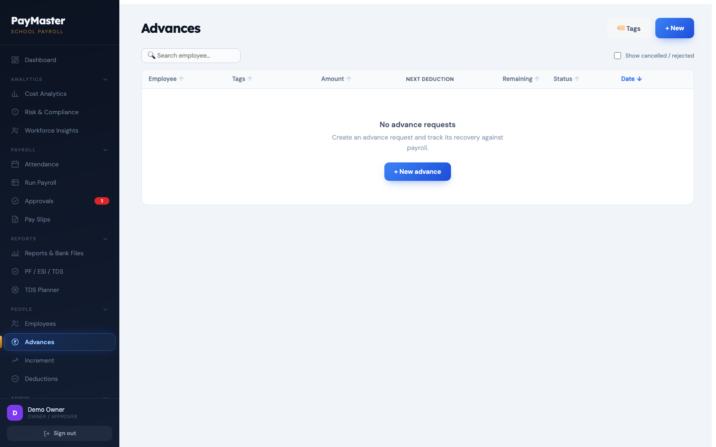Advances screen — outstanding balances and recovery schedules