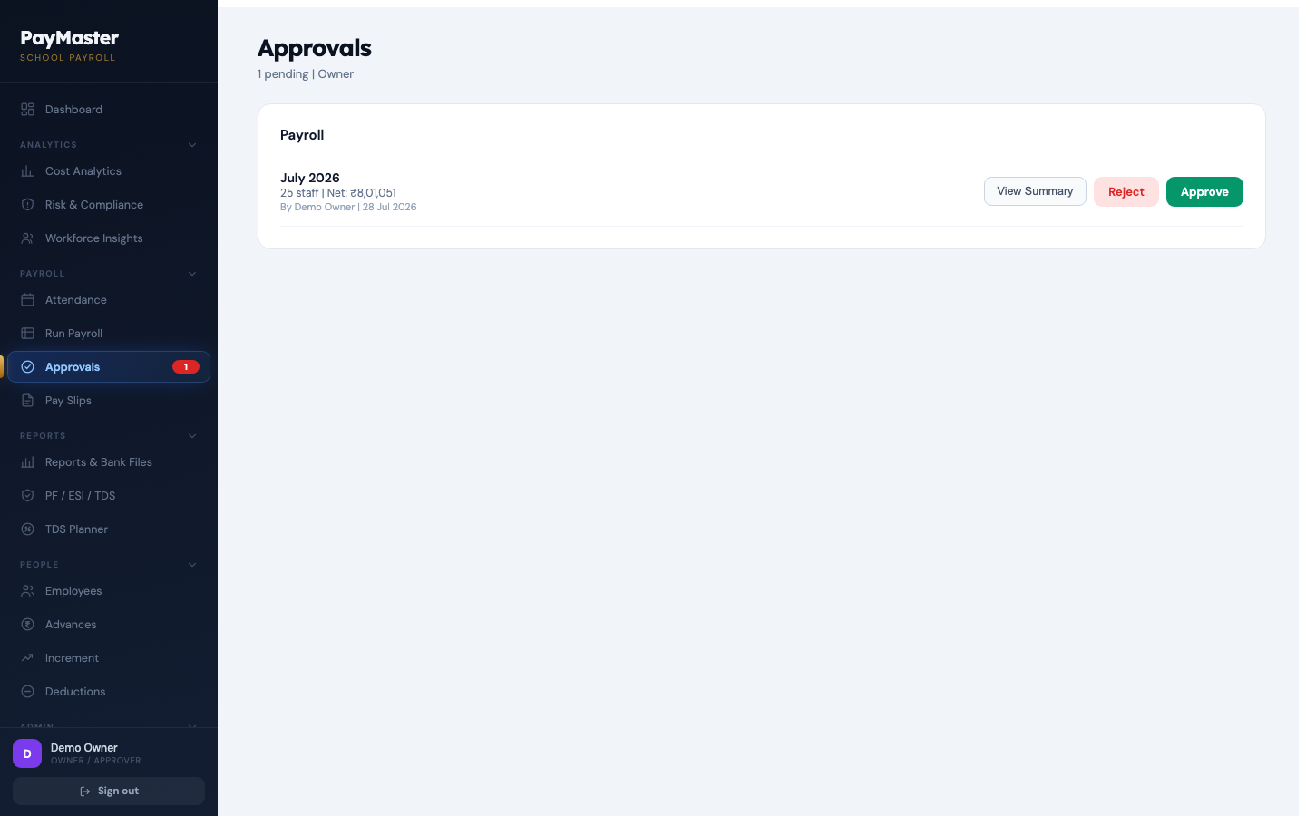 Approvals — a payroll awaiting the owner's approval